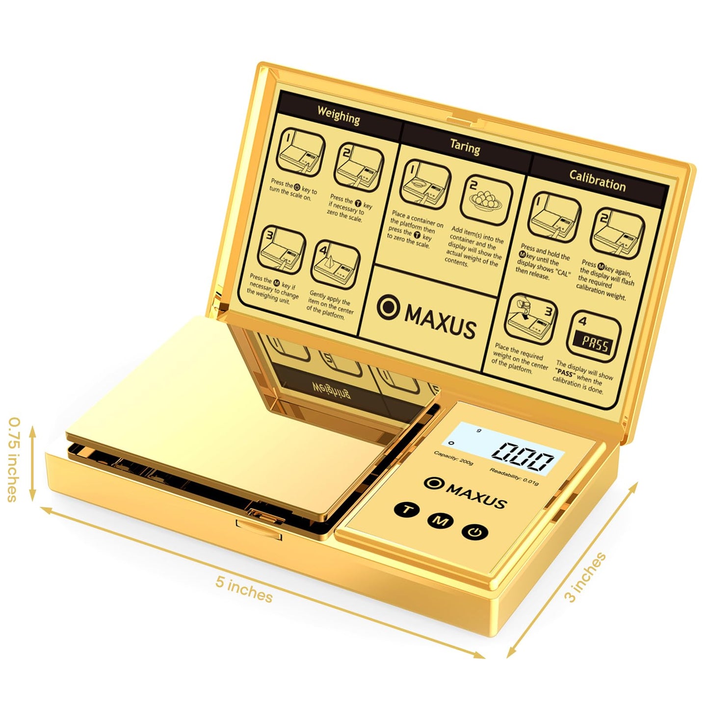 MAXUS Digital Gram Scale with 200g x 0.01g Capacity, Stylish Gold Plated Cover and Platform for Accurate and Precise Weighing of Jewelry, Grains, and Food in Grams and Ounces