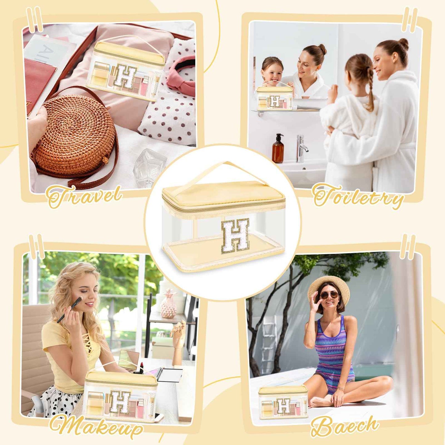 UIXIZQ Personalized Initial Letter Patch Clear Makeup Bag,Cute Preppy Chenille Letter Travel Cosmetic Bag with Handle,Nylon Toiletry Bag Handbag,Large Make up Storage Zipper Pouch for Women,H