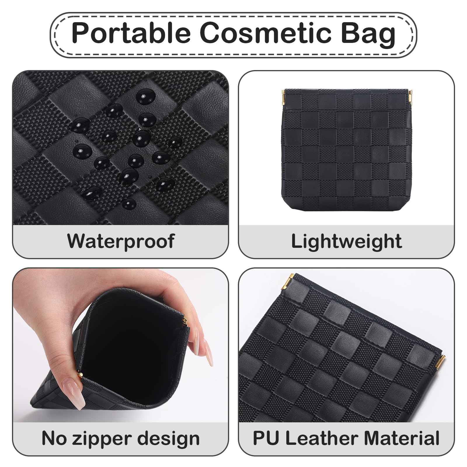 Sightor 2PCS Small Makeup Bag for Purse, Mini Cosmetic Bag Waterproof Pouch for Women, Checkered Purse Self-closing Small Travel Kit Coin Lipstick Cosmetic Storage Bag (Black, Beige)