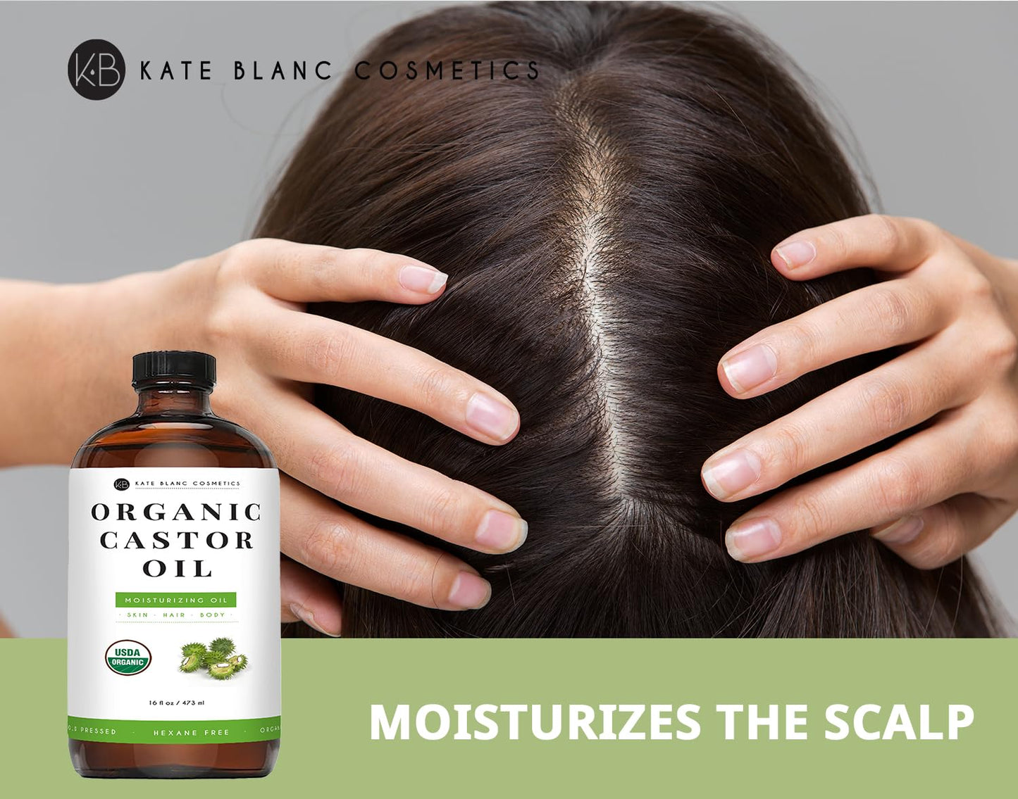 Kate Blanc Cosmetics Castor Oil Organic for Hair Growth & Body (16oz). 100% Pure Cold-Pressed, Hexane-Free Unrefined in Glass Bottle