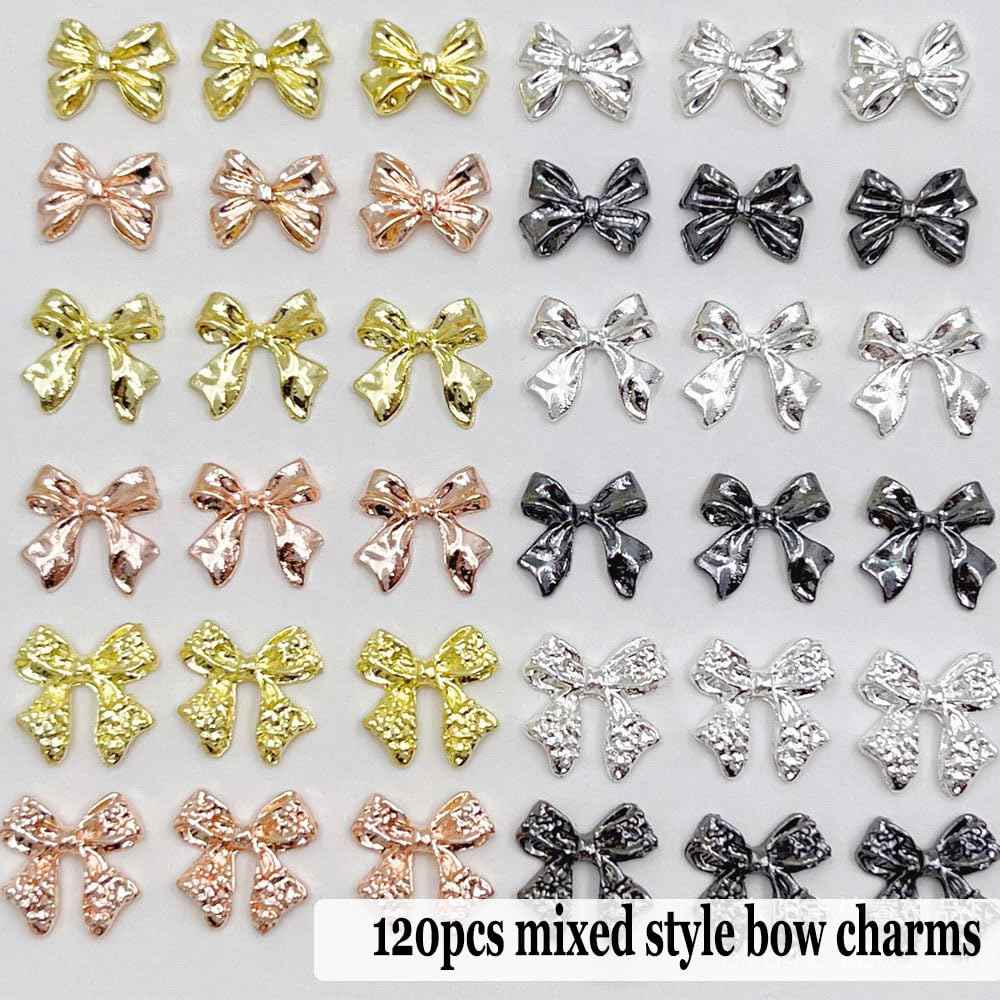 KACHIMOO 120 PCS Bow Nail Charms Silver Gold Black Rose Gold Bowknot Nail Art Charm 3D Alloy Bow Charms for Nail Art Design
