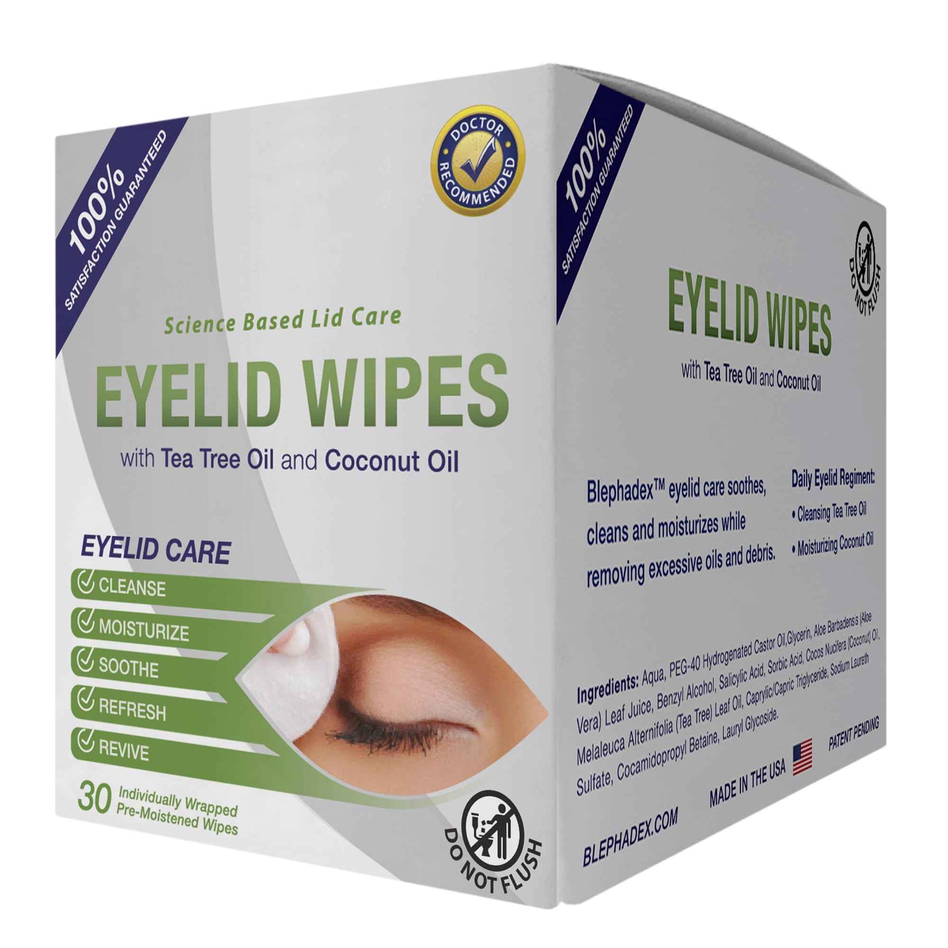 Lunovus Premium Eyelid Wipes With Tea Tree and Coconut Oil - Cleansing Wipes for People Itchy Eyes - Individually Wrapped - Box Of 30 Natural Eye Wipes