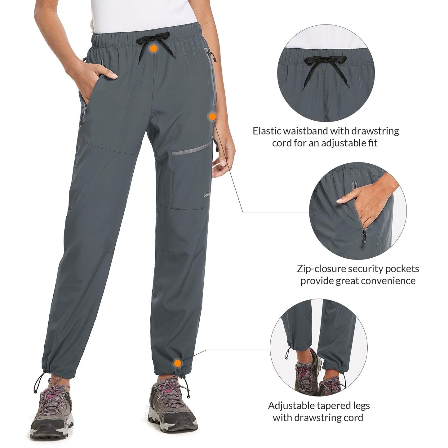 BALEAF Women's Hiking Pants Quick Dry Water Resistant Lightweight Joggers Pant for All Seasons Elastic Waist Deep Gray Size XS