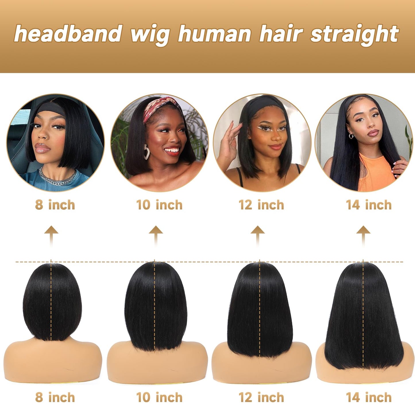 XC CLOUDS Headband Wigs Human Hair 10 Inch Bob Headband Wigs For Black Women Wear And Go Short Bob Wigs Glueless Wigs Human Hair Natural Black Headband Wig Human Hair Straight 150% Density