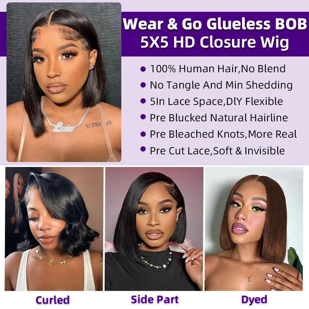 omswet Wear and Go Bob Wig Human Hair 200 Density 5x5 HD Lace Closure Pre Plucked Pre Bleached Pre Cut Glueless Wig Bob Wigs for Black Women Human Hair Glueless Short Wigs Natural Black 10 Inch
