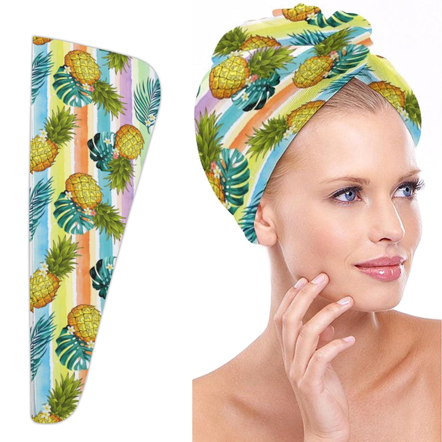 Siarnew Super Absorbent Quick Dry Microfiber Hair Towel with Button Hands Free, 10 x 26 Inches Ultra-Soft Anti Frizz Dry Hair Turban Pineapple 1PCS