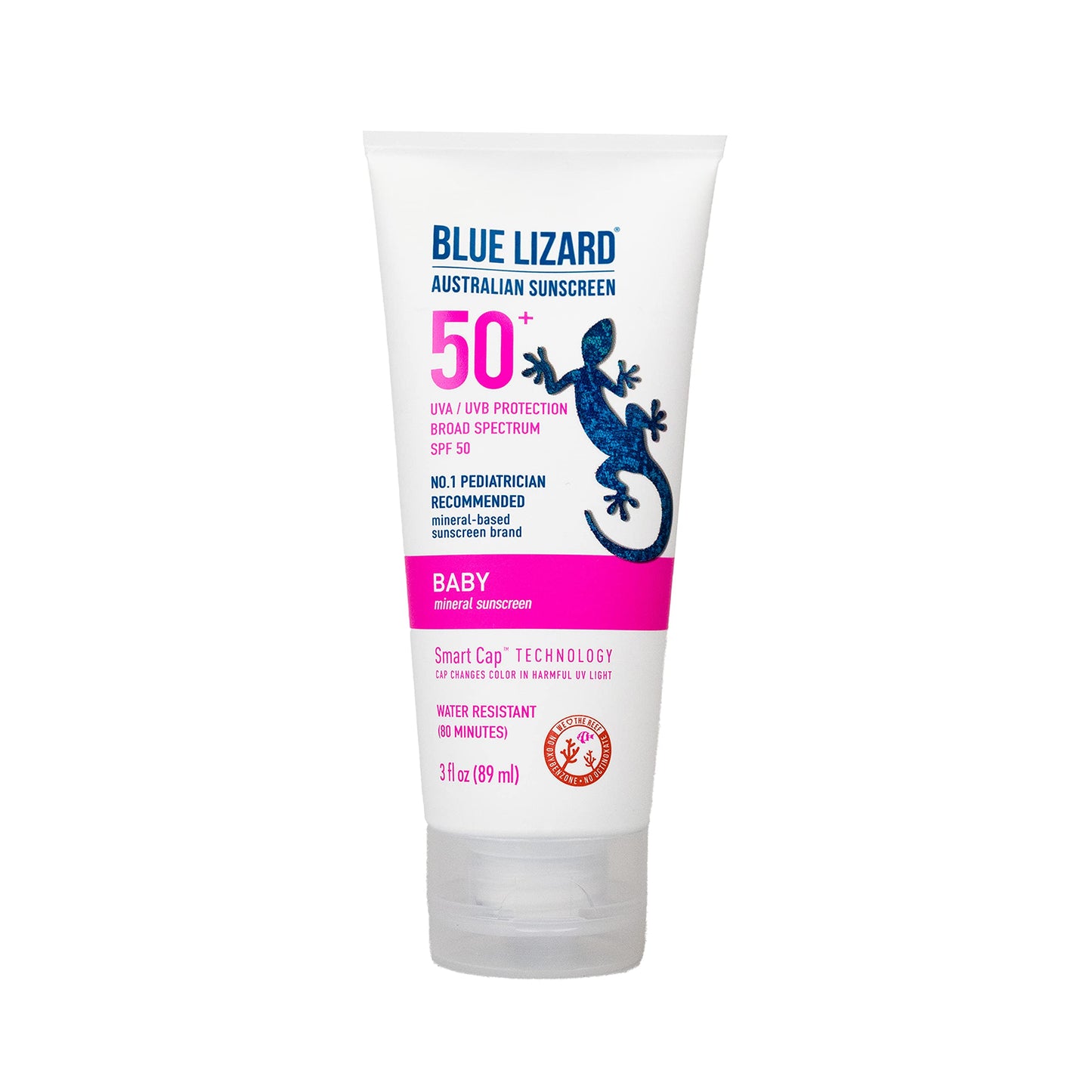 BLUE LIZARD Baby Mineral Sunscreen with Zinc Oxide, SPF 50+, Water Resistant, UVA/UVB Protection with Smart Cap Technology - Fragrance Free, 3 Ounce Tube