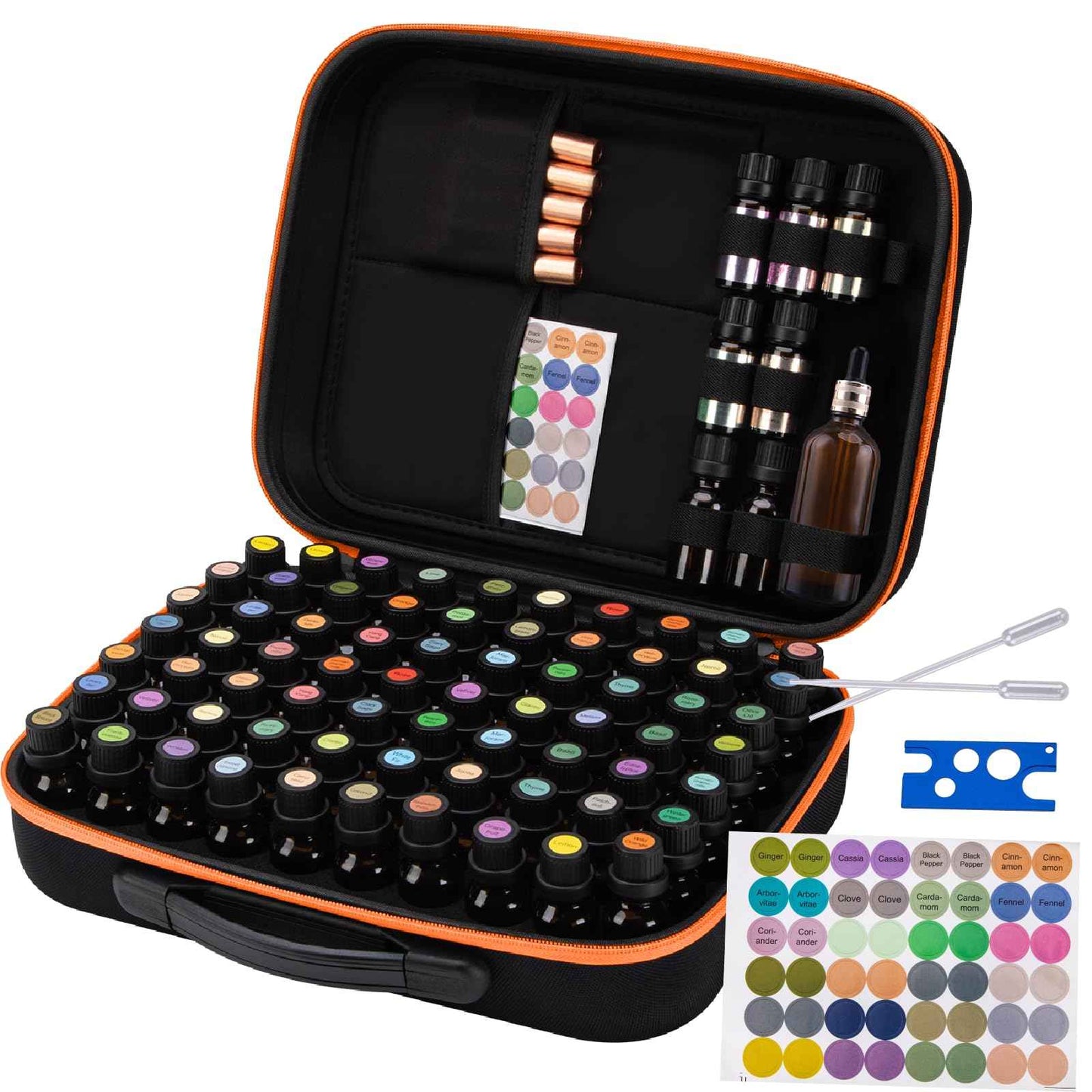 DHXYZZB Essential Oils Carrying Case Holds, 70 Bottles 5ml, 10ml, 15ml Bottles Storage Organizer Bag Hard Shell EVA, Essential Oil Bag with Labels & Bottle Opener & Plastic Droppers (Orange)