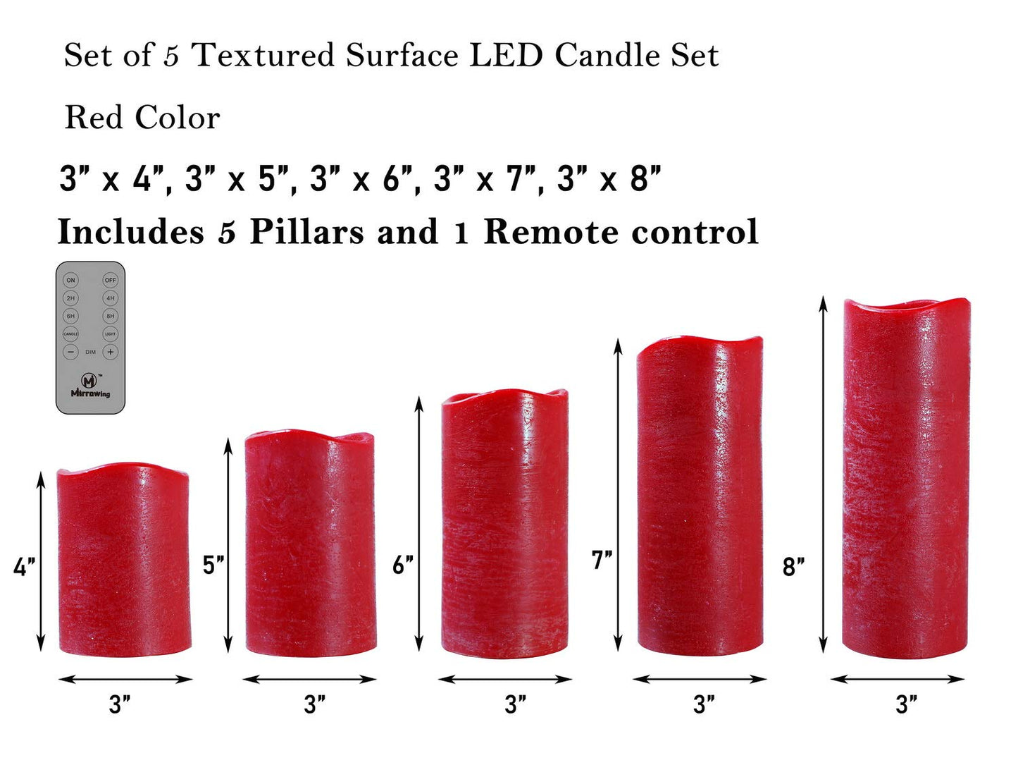 M Mirrowing Flameless Candles, D3 X H4 5" 6" 7" 8" Red Real Wax Pillar LED Candles with Remote Control and Timer, 3D Flickering Battery Operated Candles for Festival Décor (Batteries Included)