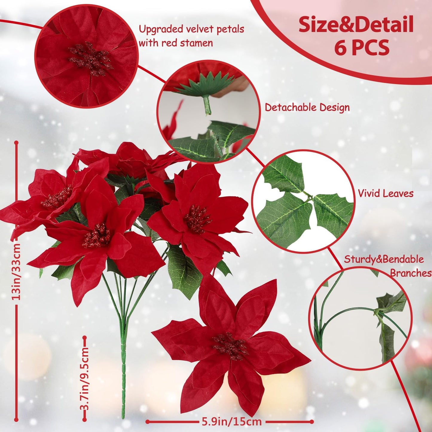 Cekene Christmas Artificial Poinsettia Flowers Decorations, 6 Pack Fake Flowers with Stem Flannel Artificial Red Bouquets Vase Decoration Flowers for Home Wedding Party Table