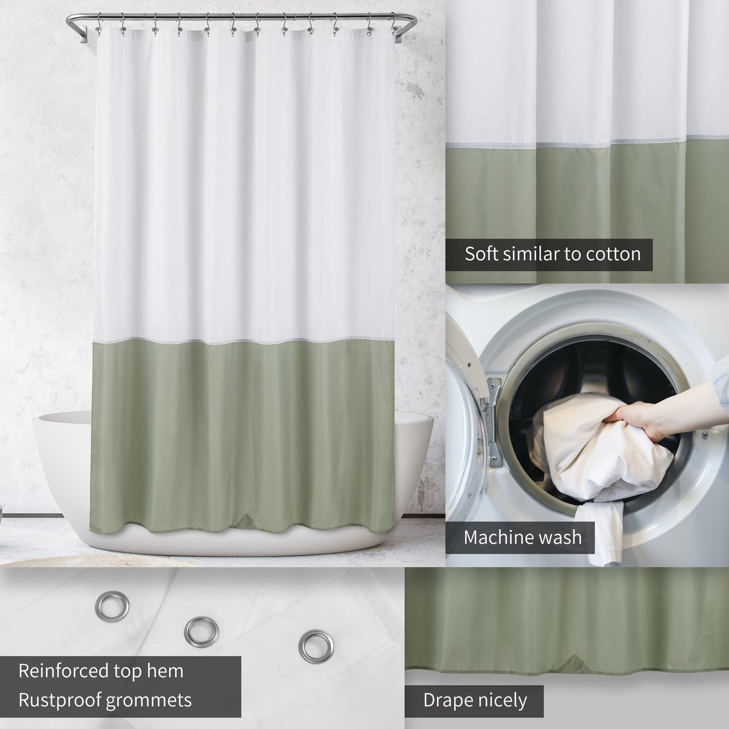 ALYVIA SPRING Waterproof Fabric Shower Curtain Liner - Soft & Light-Weight Cloth Shower Liner, 3 Bottom Magnets, Hotel Quality & Machine Washable - Standard Size 72x72, White and Sage