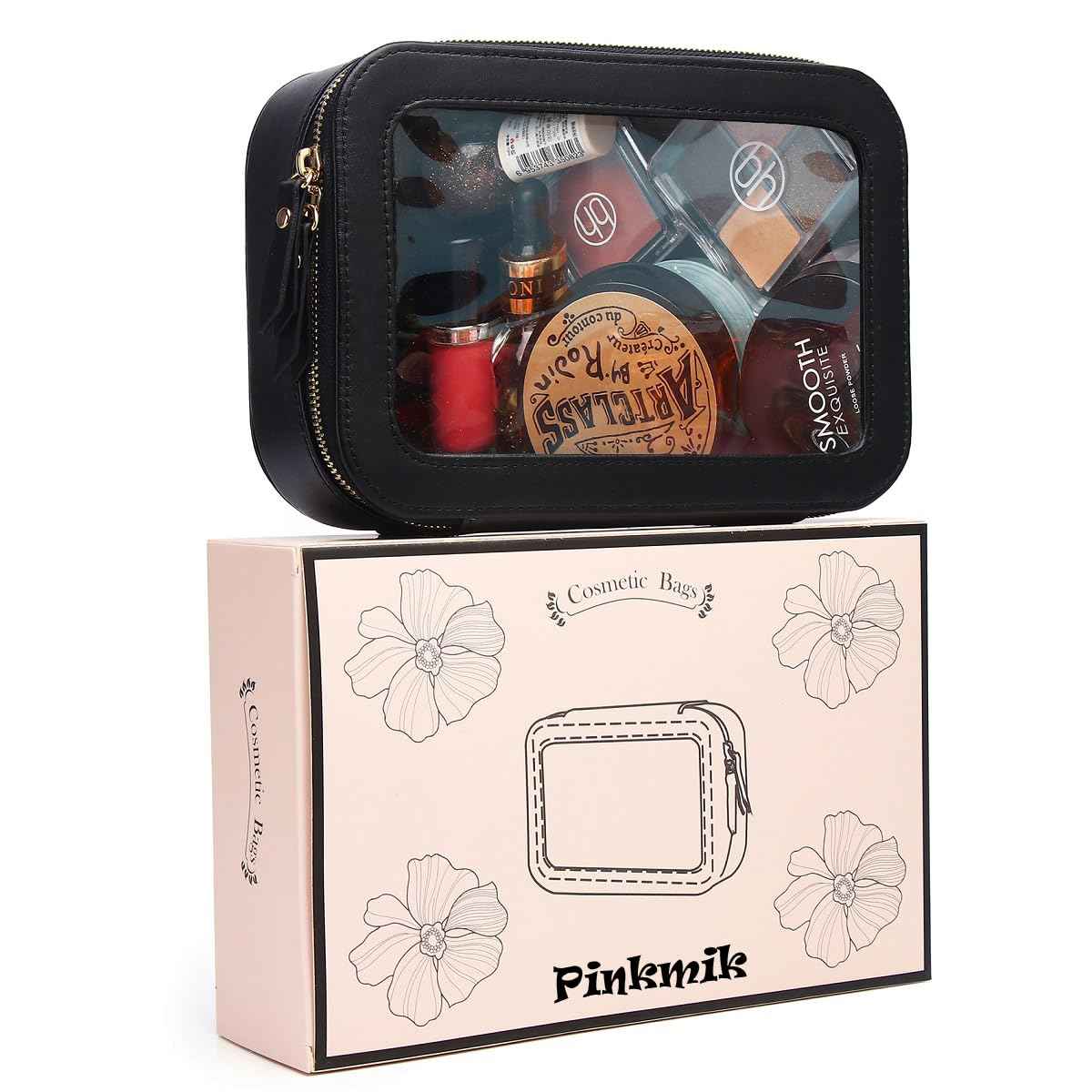 Pinkmik Clear Makeup Bag Transparent Travel Case for Cosmetics and Toiletries Women's Clear Car Bag with Zipper (Black, Small)