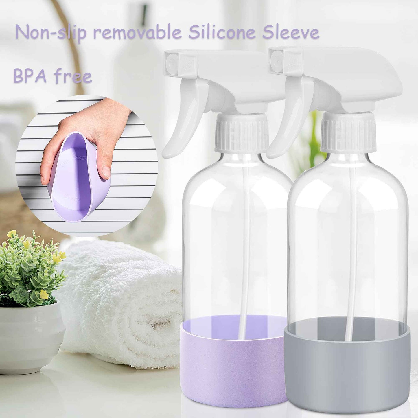 UUJOLY Plastic Spray Bottle Trigger Empty Spray Bottles Clear Refillable Container for Water, Essential Oils, Hair, Cleaning Products, Adjustable Head Sprayer and Stream, Purle + Dark Grey