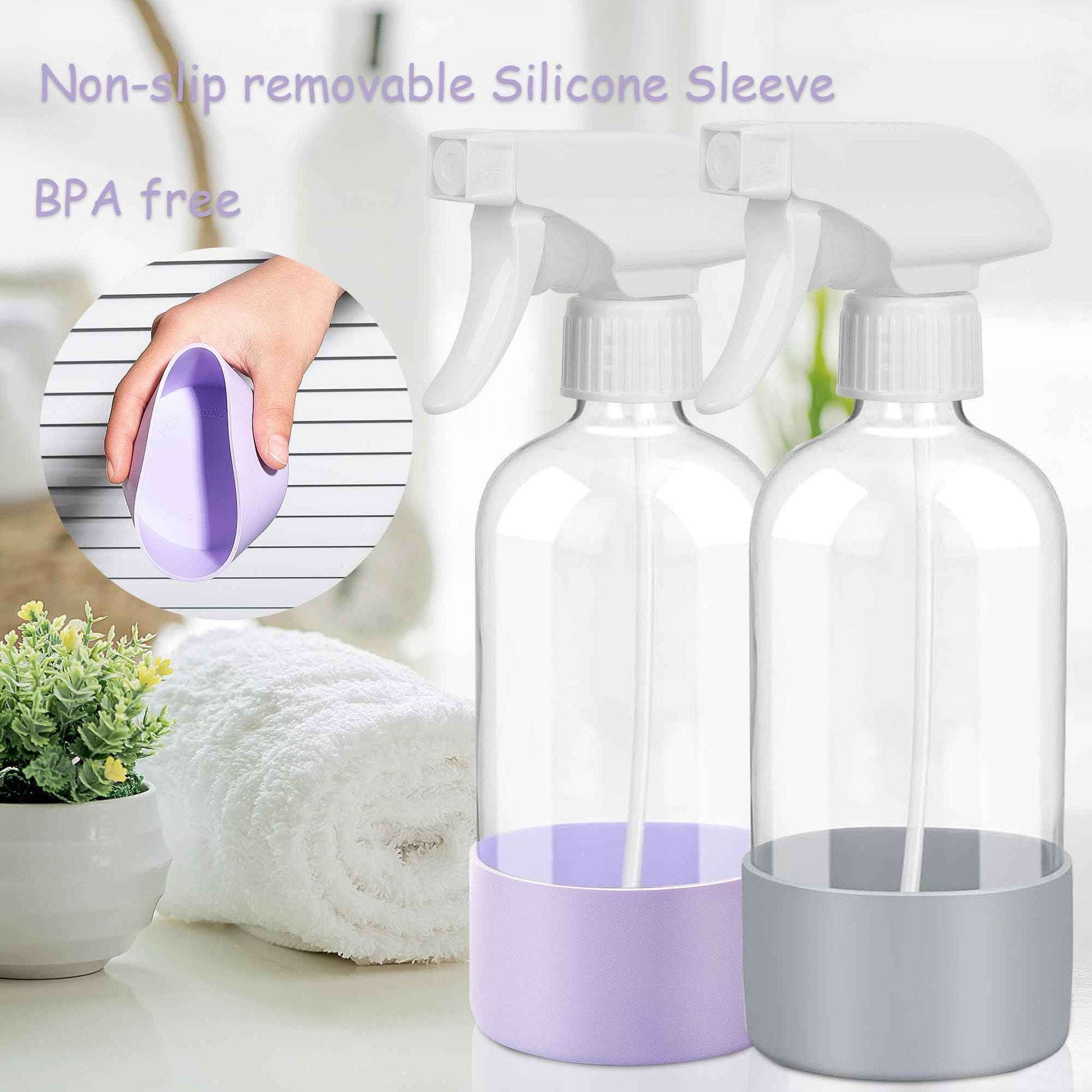 UUJOLY Plastic Spray Bottle Trigger Empty Spray Bottles Clear Refillable Container for Water, Essential Oils, Hair, Cleaning Products, Adjustable Head Sprayer and Stream, Purle + Dark Grey