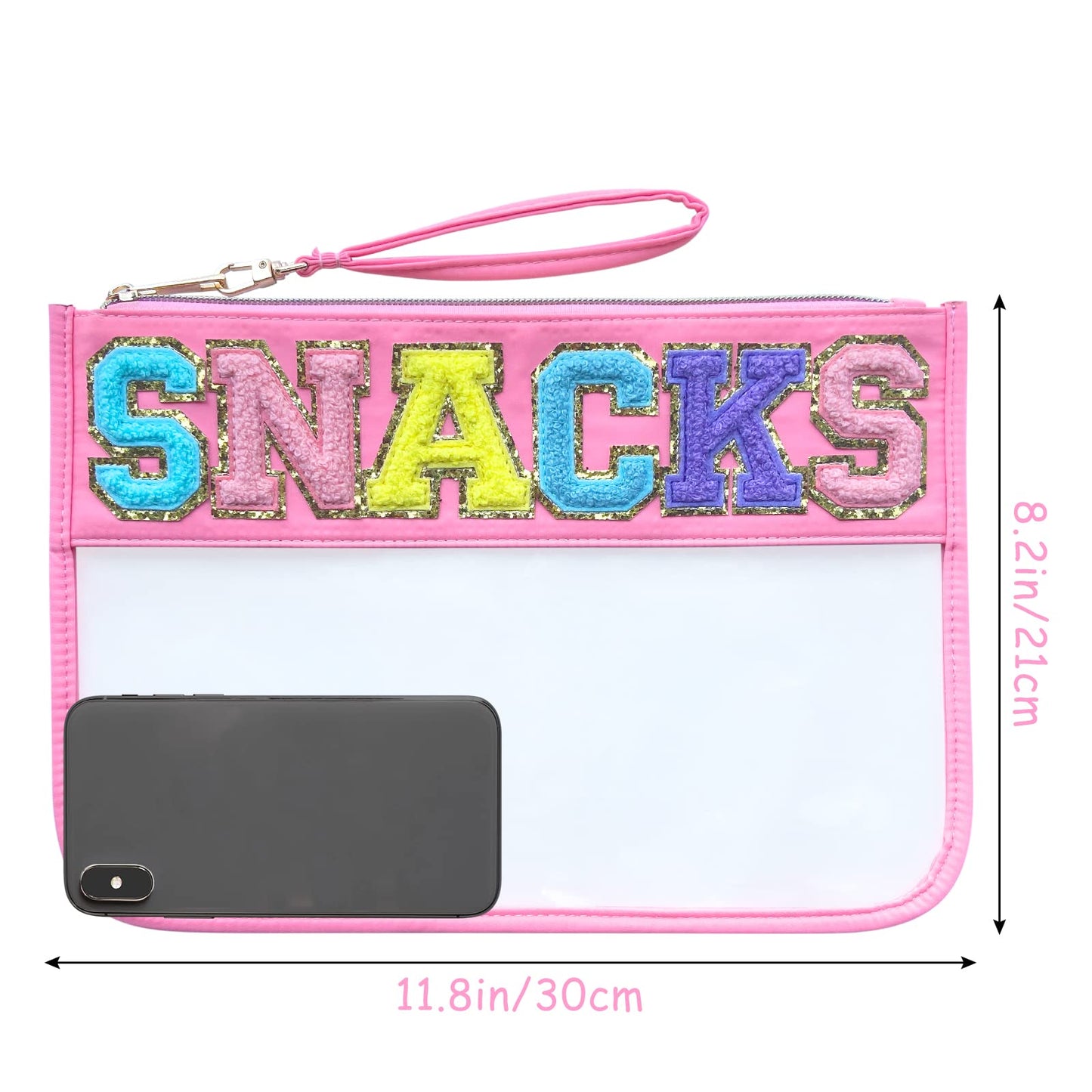 dark swan 1PCS Chenille Patch Nylon Pouch,Clear Waterproof Snacks Bag,With Preppy &Letter Double Sided Patches Multi-purpose Makeup Travel Bag for Women Girls