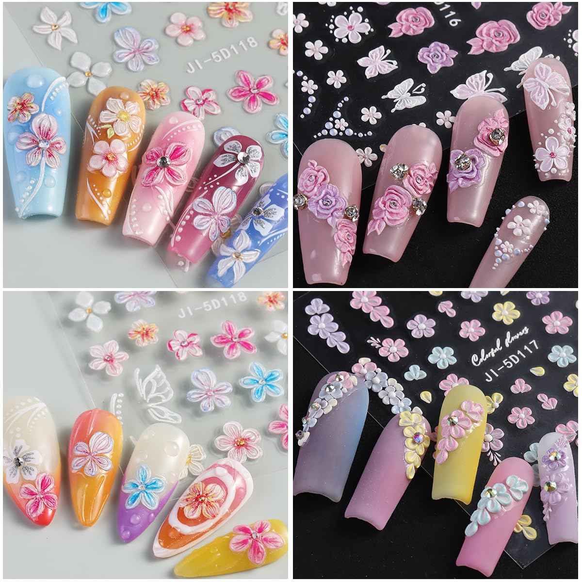 Fcozpjk Flowers Nail Stickers 4 Sheets 5D Embossed Floral Nail Decals, Summer Neon Nail Design, 3D Acrylic Engraved Hibiscus Flowers Rose Butterfly Stickers for Nail Art Pegatinas Uñas