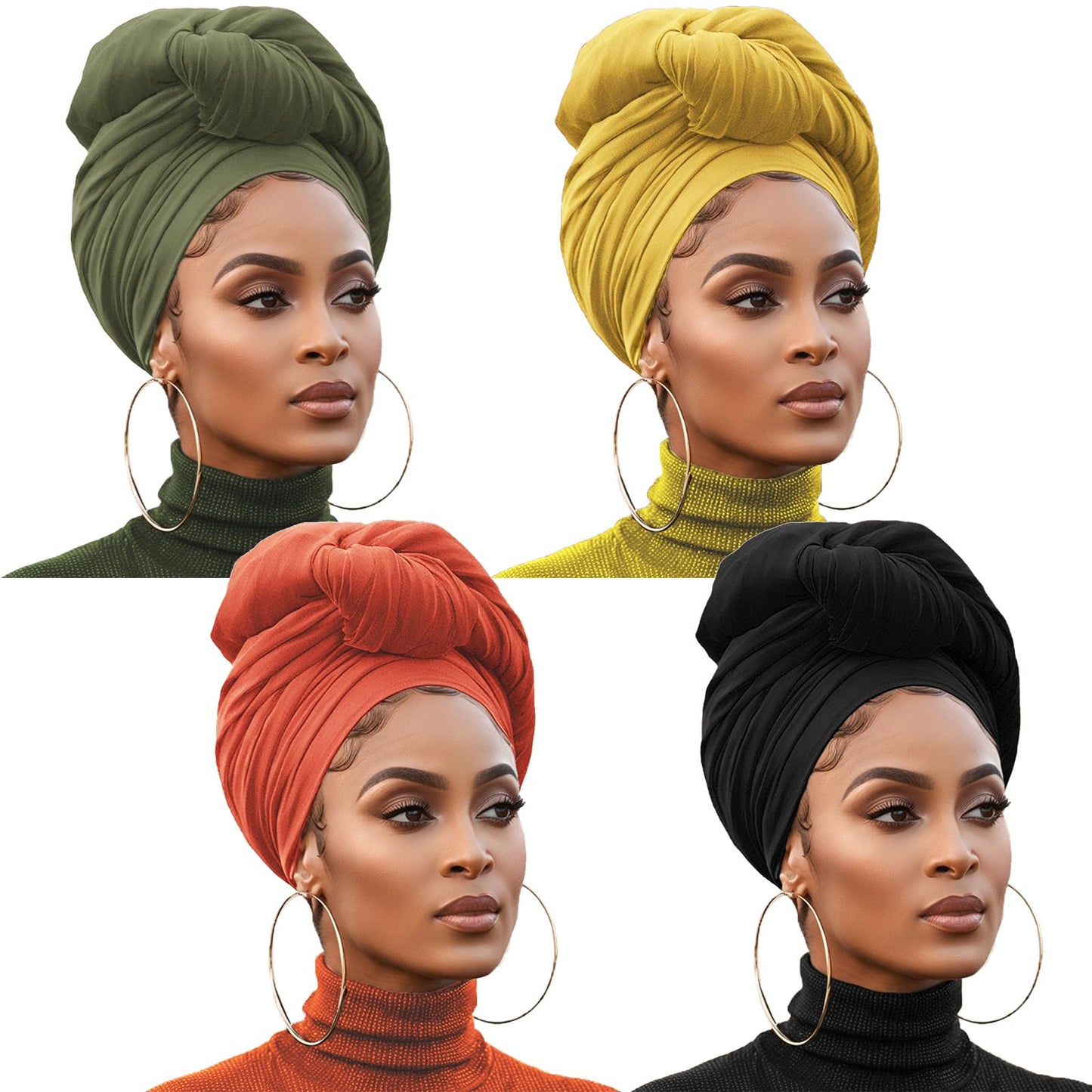 XTREND 4 Pieces Stretch Head Wrap Solid Color Turban Fashion Headband Extra Wide Full Head Coverage Sleeping Turban Soft Breathable Turban for Women Hair Loss (Black, Turmeric, Orange, Army Green)