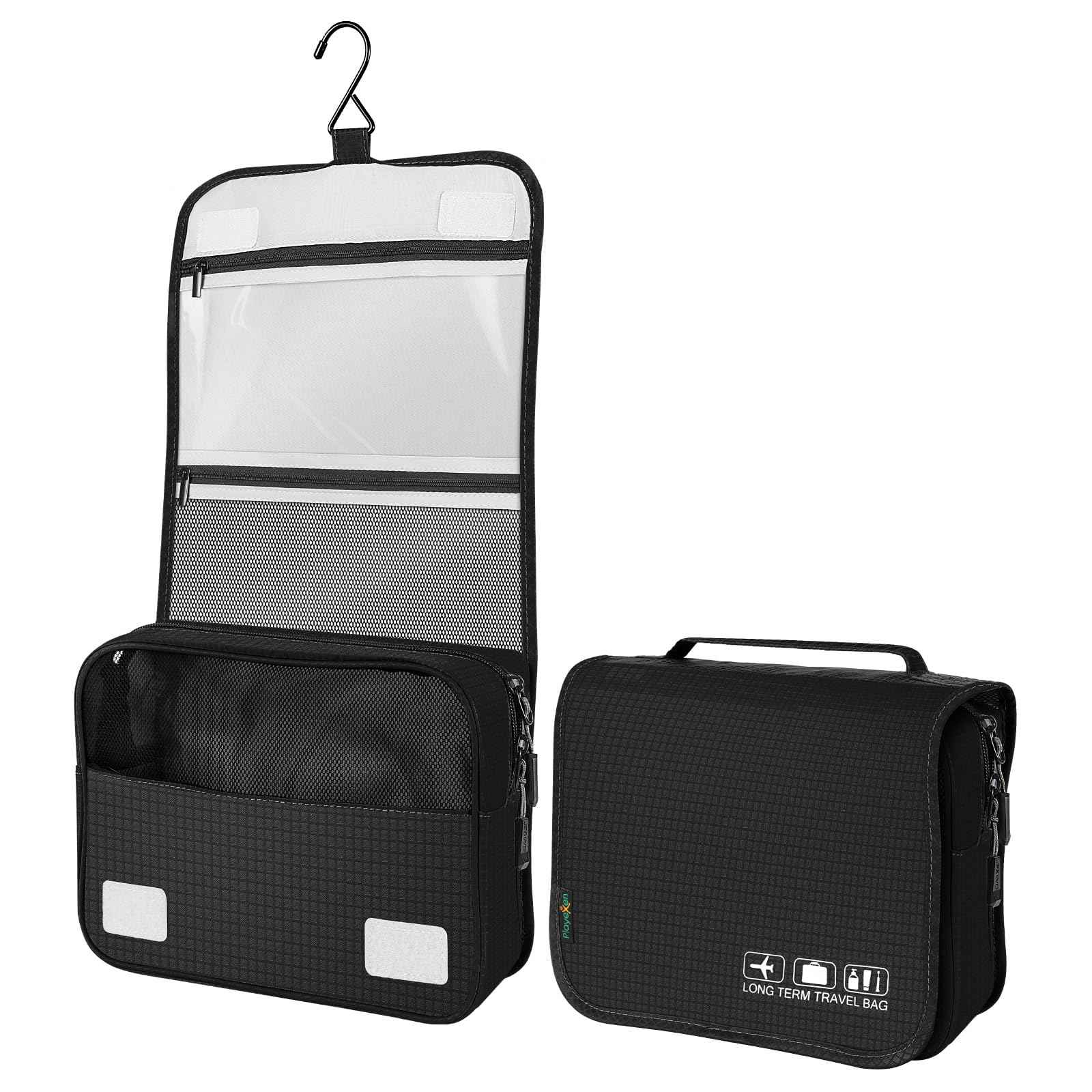 Playexen Hanging Travel Toiletry Bag, Portable Travel Cosmetic Organizer Bag for Women Men, Waterproof Toiletries Wash Bag with 4 Compartments & Hanging Hook (Black)