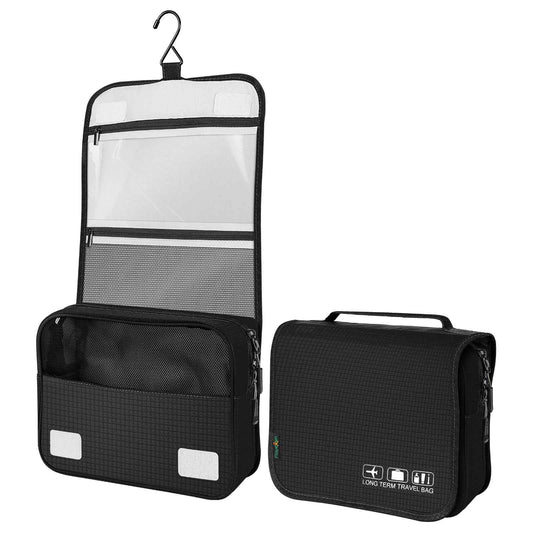 Playexen Hanging Travel Toiletry Bag, Portable Travel Cosmetic Organizer Bag for Women Men, Waterproof Toiletries Wash Bag with 4 Compartments & Hanging Hook (Black)