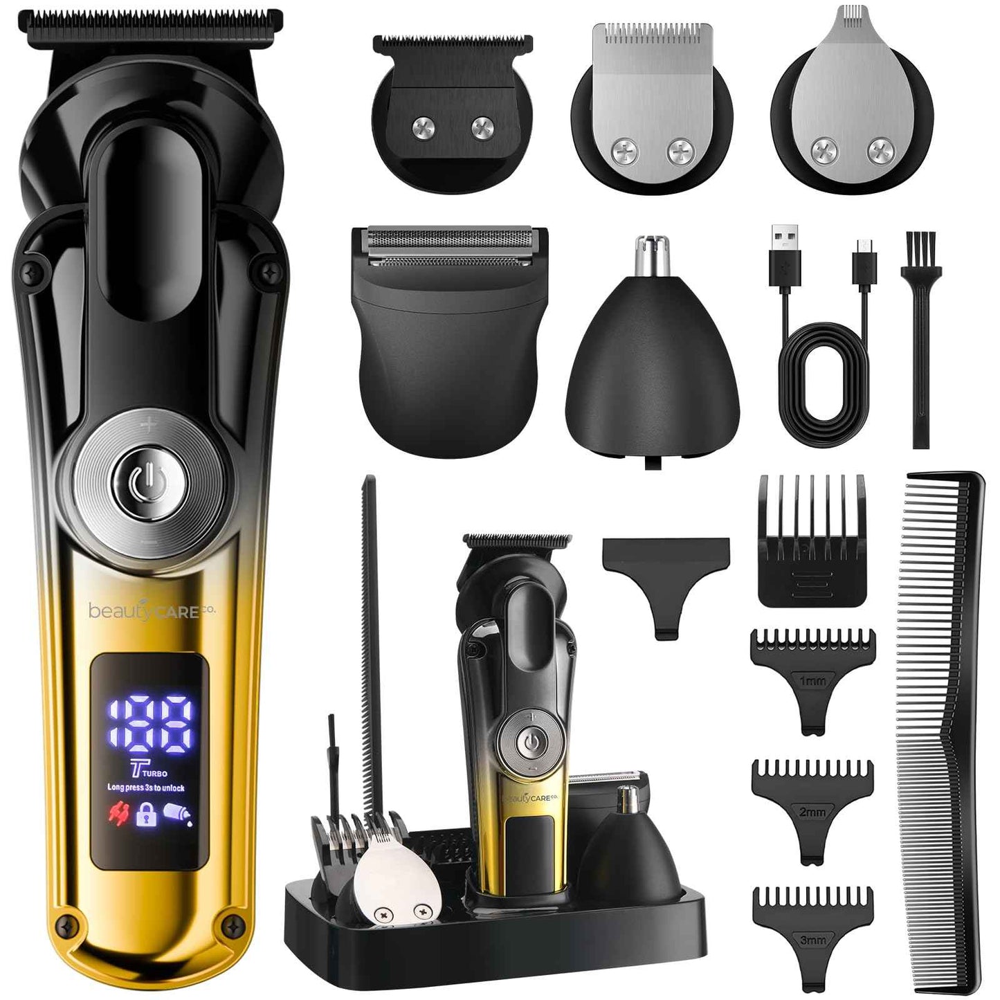 BEAUTYCARE Professional Beard Trimmer for Men - Hair Clippers Men's Grooming Kit,Waterproof Cordless Rechargeable Electric Shaver Zero Gapped Trimmer Fading & Nose Hair Trimmer, Grooming at Home