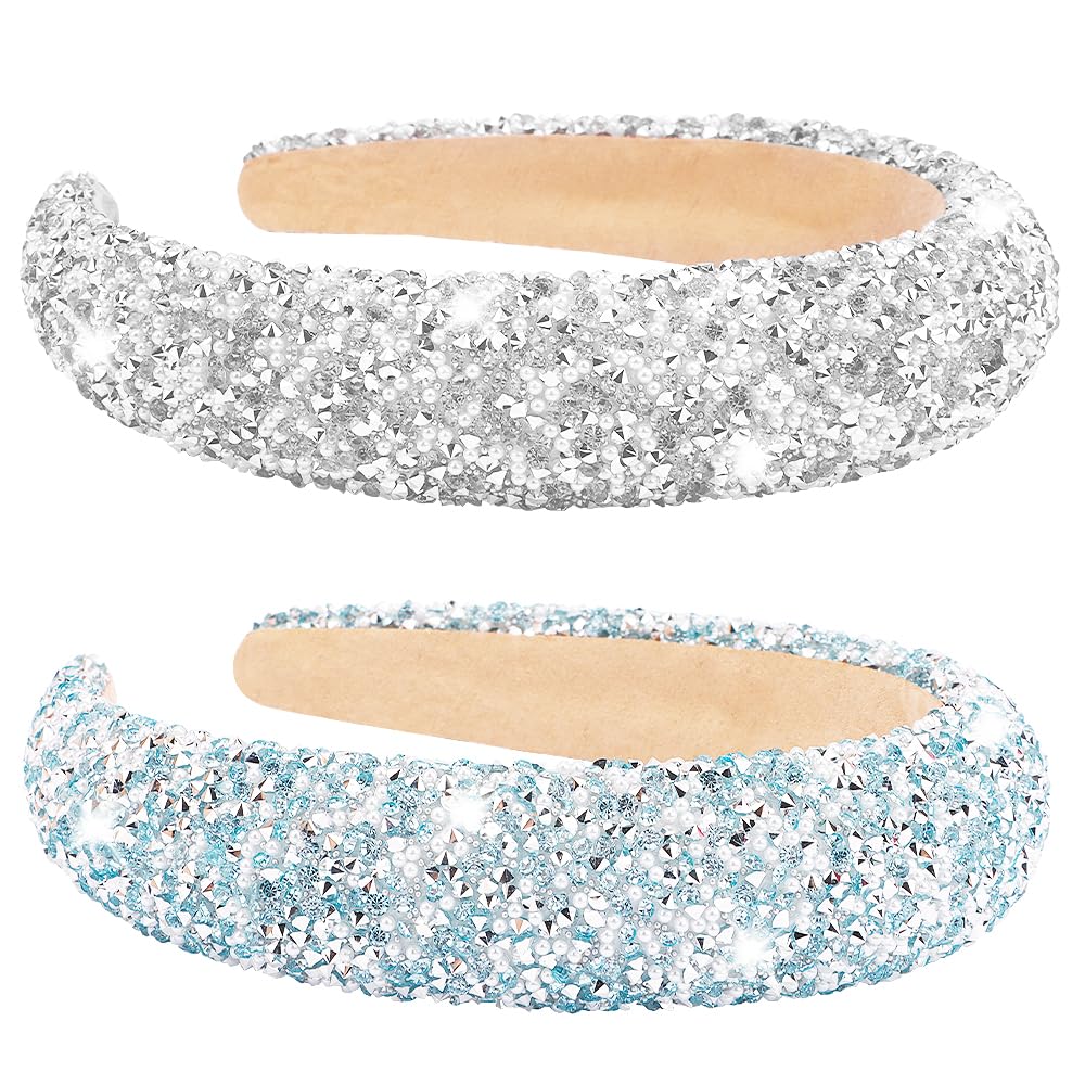 AHONEY 2 Pack Rhinestone Headband Women Girls Thick Padded Headband, Sequin Beaded Pearls Head Band Glitter Cute Headband Birthday Prom Hair Accessories For Women Girls (Silver&Blue)