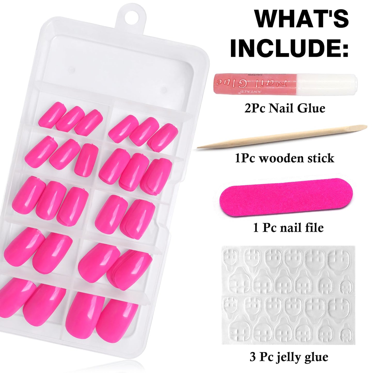 LuckForever 120pc Medium Press on Nails Square Fake Nail Tips, Hot Pink Square Press on Nails Medium False Nails Press ons Artificial Fingernail & Glue Adhesive Tabs Nail Kit for Women Girls Kids