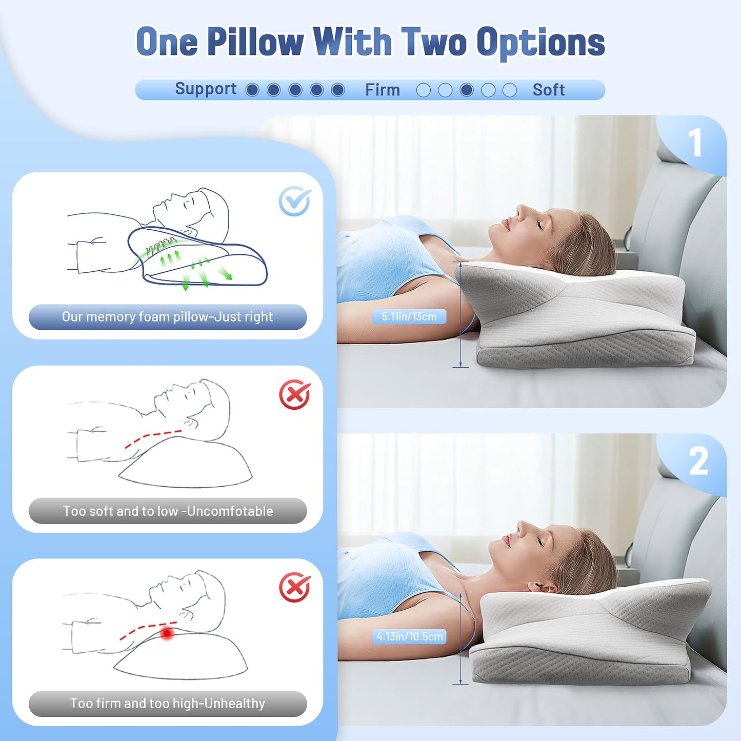 Ergonomic Pillow Side Sleeper-Satisure Cervical Pillow for Neck Pain Relief Memory Foam Pillows, Cooling Pillow for sleeping Orthopedic Bed Pillow for Side Back Stomach Sleepers with Washable Ice Silk