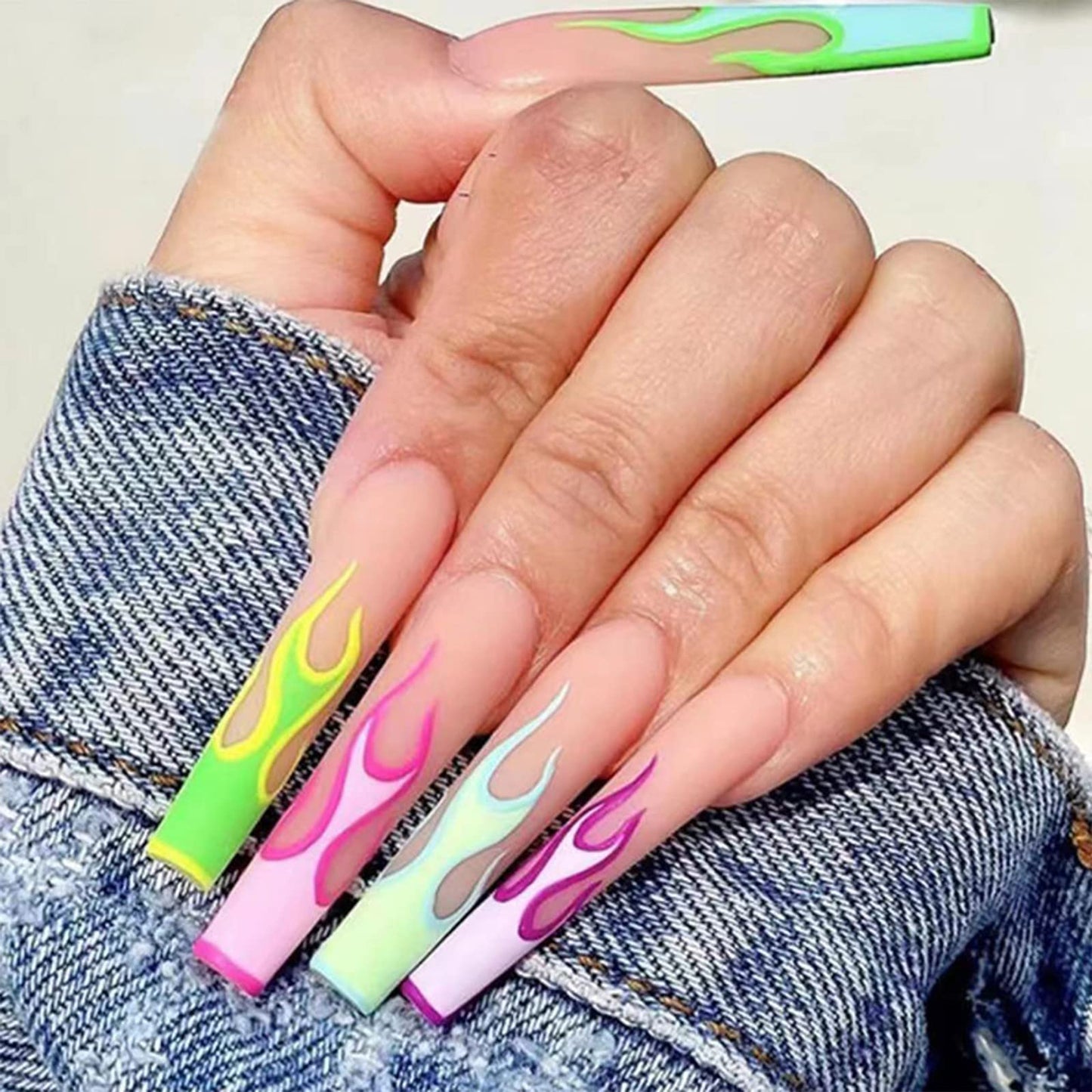 Press on Nails Long Coffin French Tip False Nails with Colorful Flames Design Matte Stick on Nails Full Cover Fake Nails for Women Girls Artificial Acrylic Nails 24 Pcs