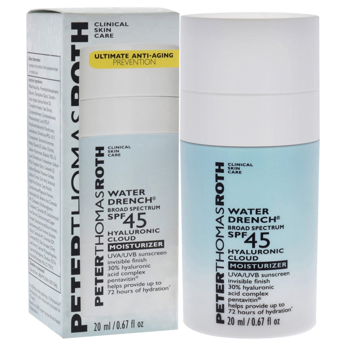 Peter Thomas Roth | Water Drench Broad Spectrum SPF 45 Hyaluronic Cloud Moisturizer | SPF Moisturizer for Face, Lightweight and Water-Resistant, 0.67 fluid ounces (Pack of 1)