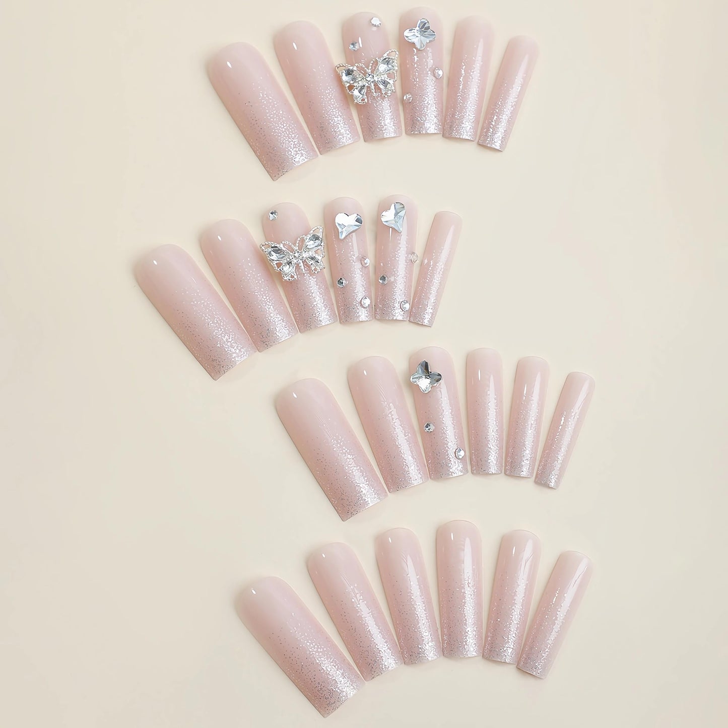 BABALAL Square Press on Nails Long Fake Nails Pink Glue on Nails 3D Butterfly Charm Rhinestone Acrylic Nails 24Pcs Shiny Glitter Squoval Manicure False Nails for Women and Girls