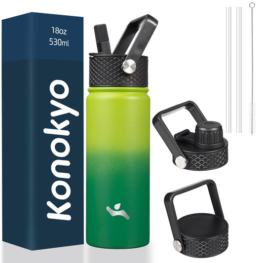 Konokyo Insulated Water Bottle with Straw,18 oz 3 Lids Metal Bottles Stainless Steel Water Flask,Bamboo Grove