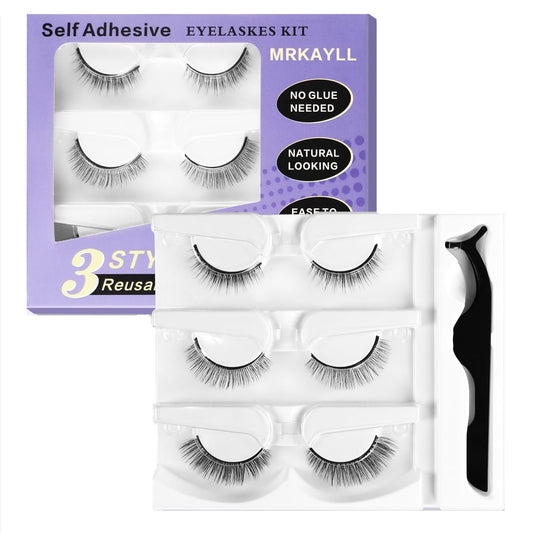 6Pcs Self adhesive eyelashes,False Eyelashes Natural Look,reusable adhesive eyelashes,reusable self adhesive eyelashes-Waterproof wispy lashes with Tweezers - No Glue Needed! Gift for Beginners!