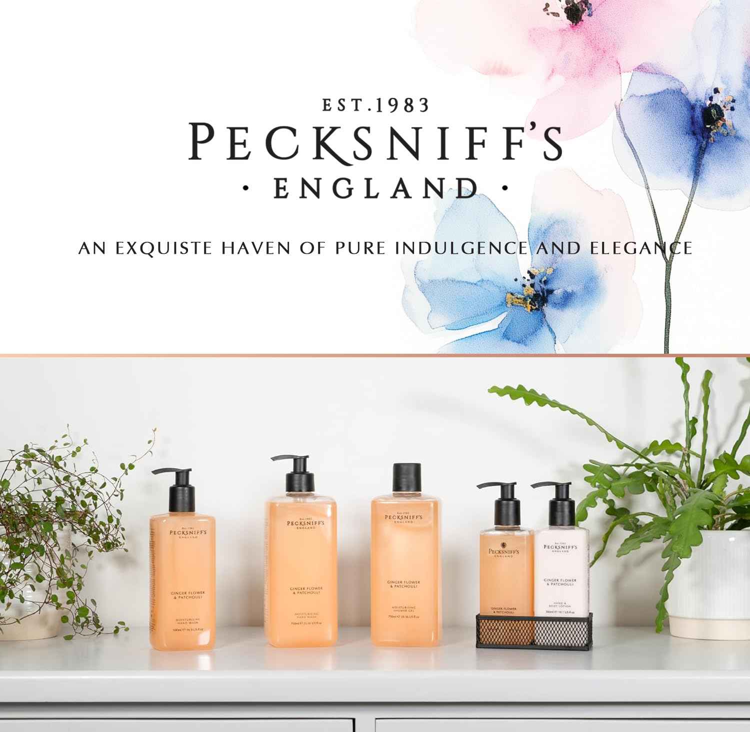 Pecksniffs Luxury Bath Gift Set, Ginger Flower and Patchouli Moisturizing Hand Soap and Body Lotion Set with Caddy, 10.1 Fl Oz