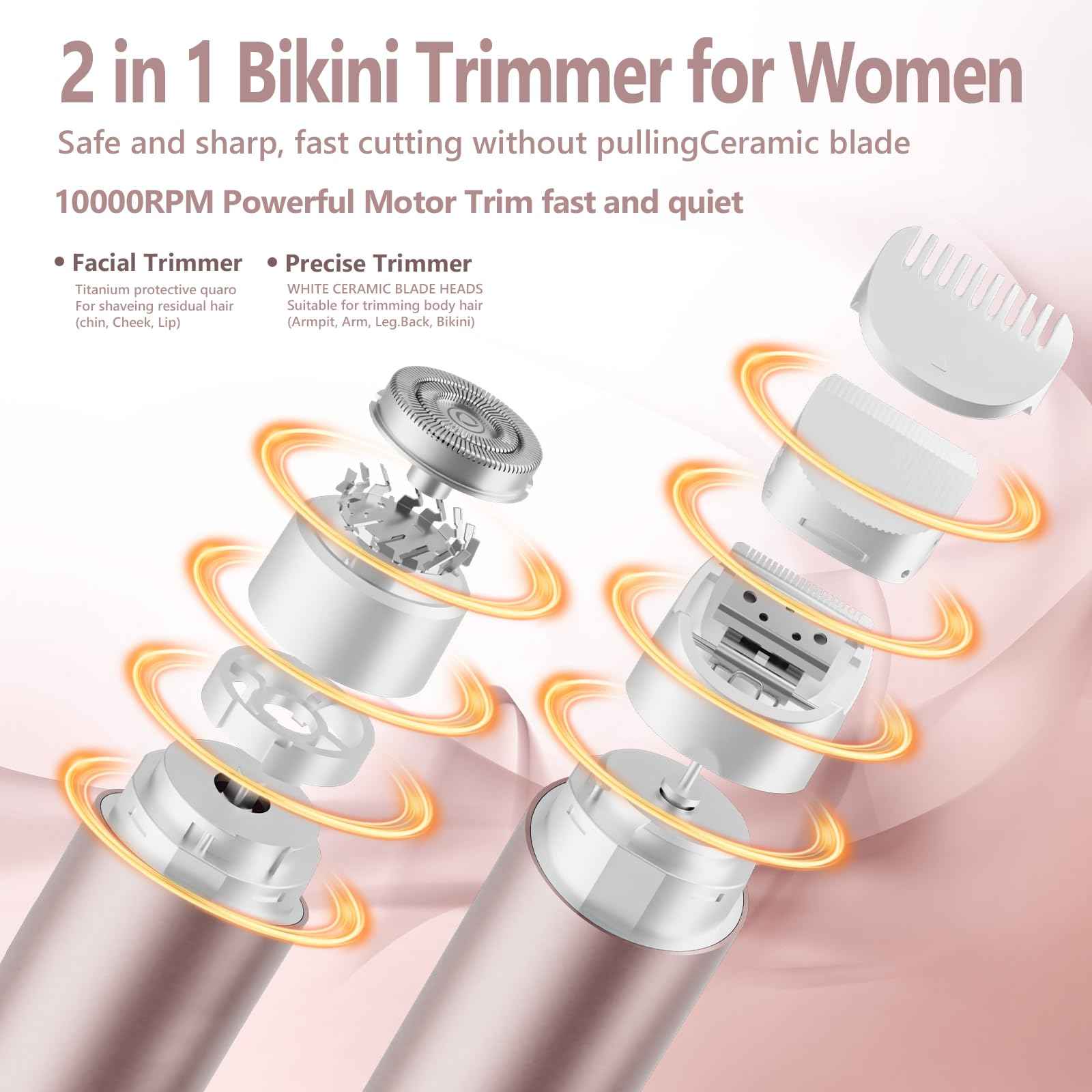 2 in 1 Womens Razors Shaver Bikini Tnimmer, Women Electric Razors for Shaving Underarms Leg Pubic Facial Hair Removal for Waterproof Wet and Dry IPX8