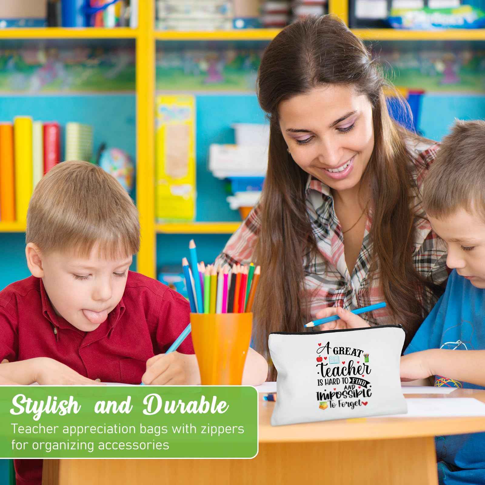 Kajaia 12 Pcs Teacher Gifts Makeup Bags Teacher Appreciation Travel Toiletry Canvas Cosmetic Pencil Survival Kit Bag for Women Zipper Pouch Bag Thank You Gifts Bulk (Warm Words)