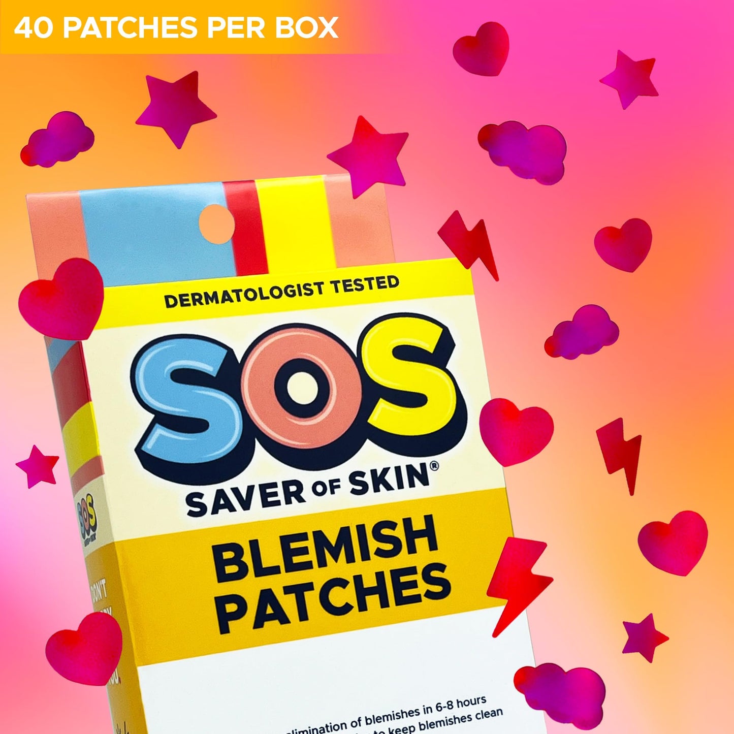 SOS SAVER OF SKIN Fun Shape Blemish Patches - Fast Acting Hydrocolloid for Pimples, Zits, Acne, and Face Blemishes - Latex-Free & Vegan with a Splash of Style (Holographic Pink)