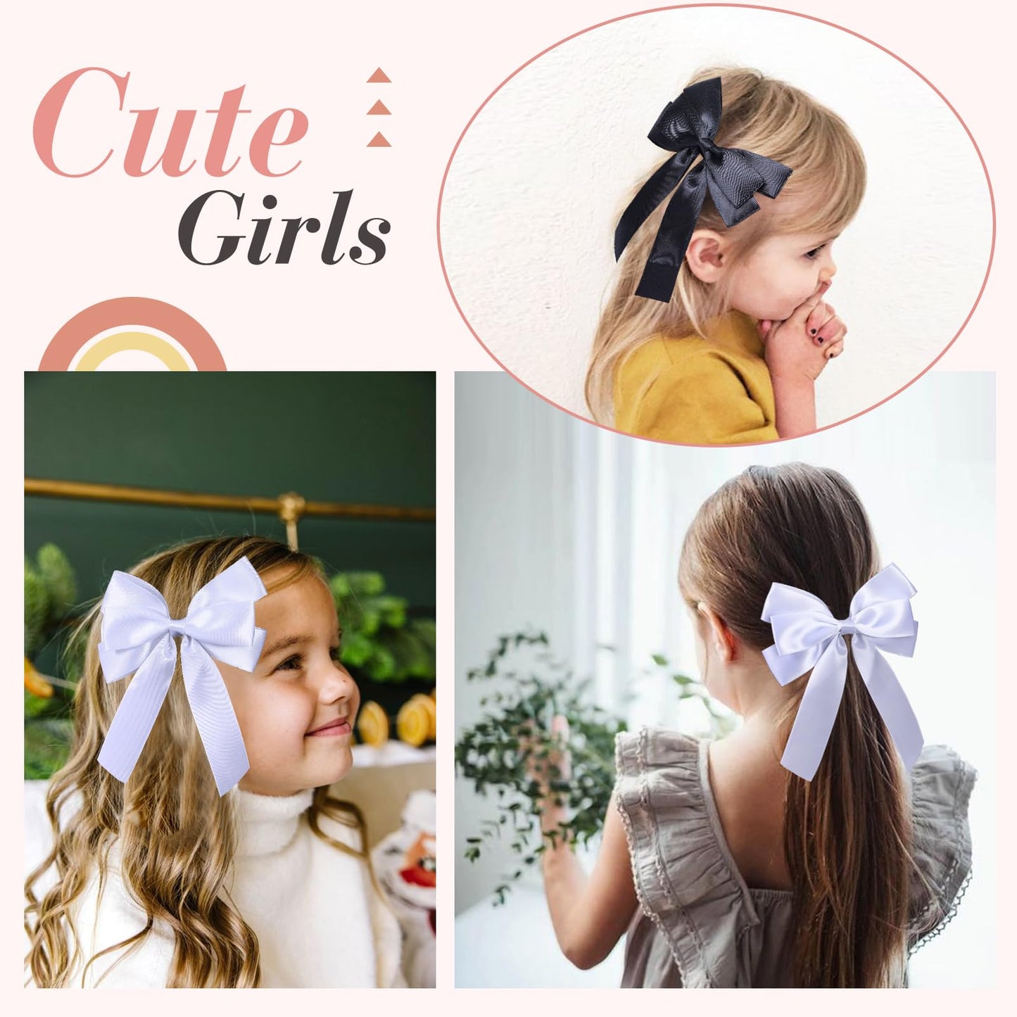 4pcs Hair Bows for Girls,Black Satin Hair Clips White Silk Hair Bow Ribbon Hair Accessories for Baby Toddlers Infant Teens Kids