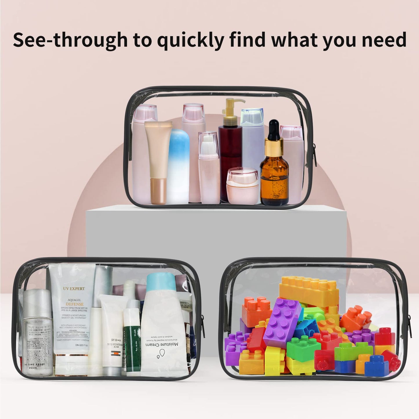 TISRATOK 12 PCS Clear Toiletry Bag for Women Men, Transparent Cosmetic Bag for Travel Makeup Organizer TSA Approved Pouch - Black,Medium