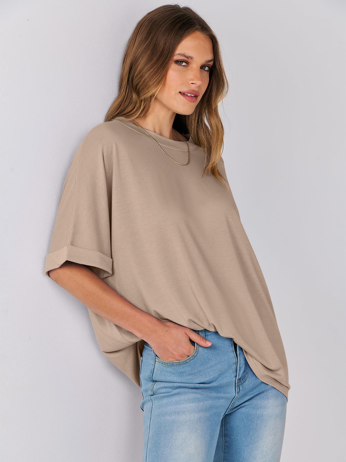 ANRABESS Women's Oversized T Shirts Short Sleeve Crewneck Summer Tops Casual Loose Basic Tee Shirts 2024 Trendy Clothes Khaki Small