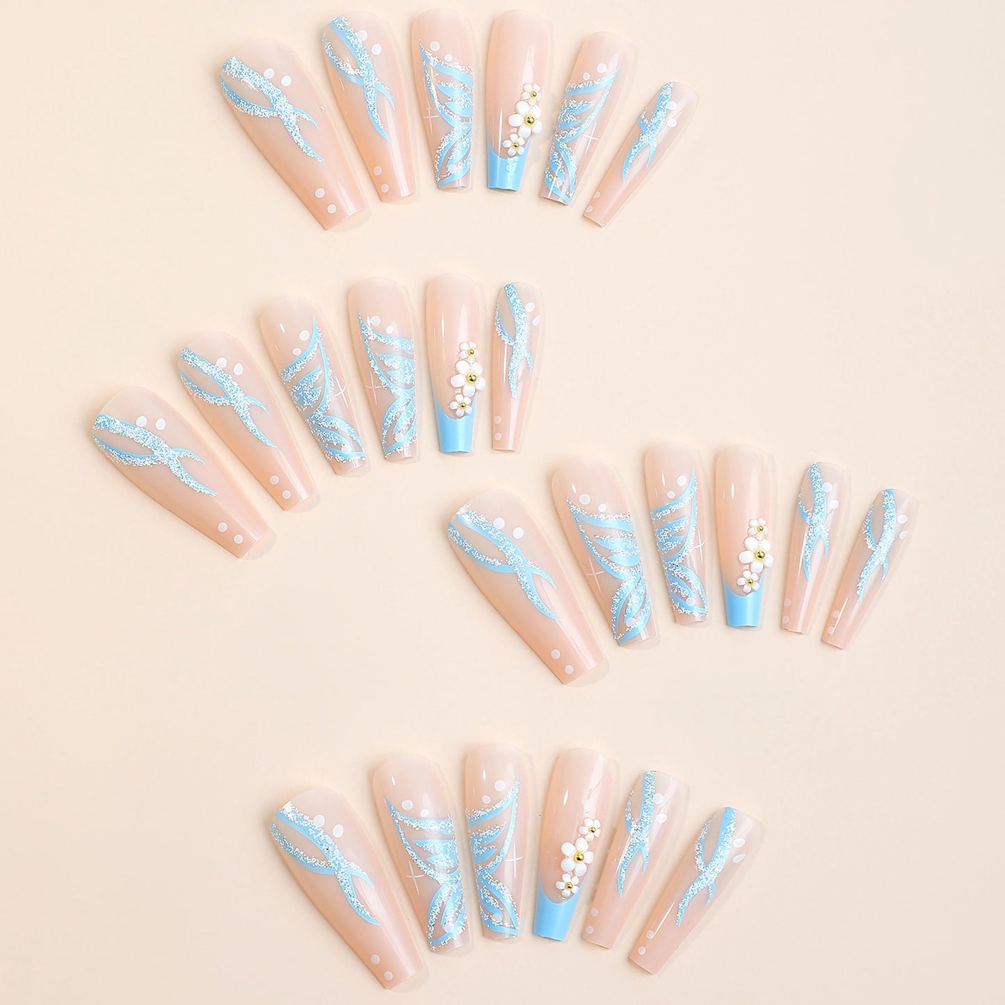 MERVF Coffin Press on Nails Long Fake Nails Blue French Tip Ballerina Glue on Nails Press ons with Glitter Butterfly Design 3D Flower Acrylic False Nails Glossy 24pcs