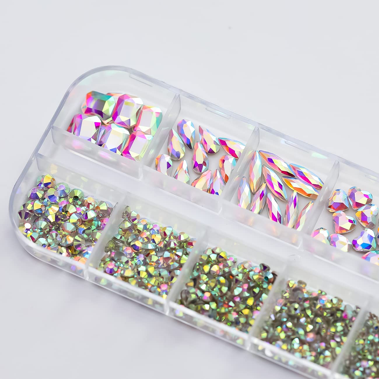 Nail Art Rhinestones Set, 12 Types Nail Art Rhinestones Kit, Nail Flat Rhinestones, Round Beads Crystals Multi Shapes Glass Crystal Rhinestones for DIY Nail Art Craft (KT-35-Crystal AB)