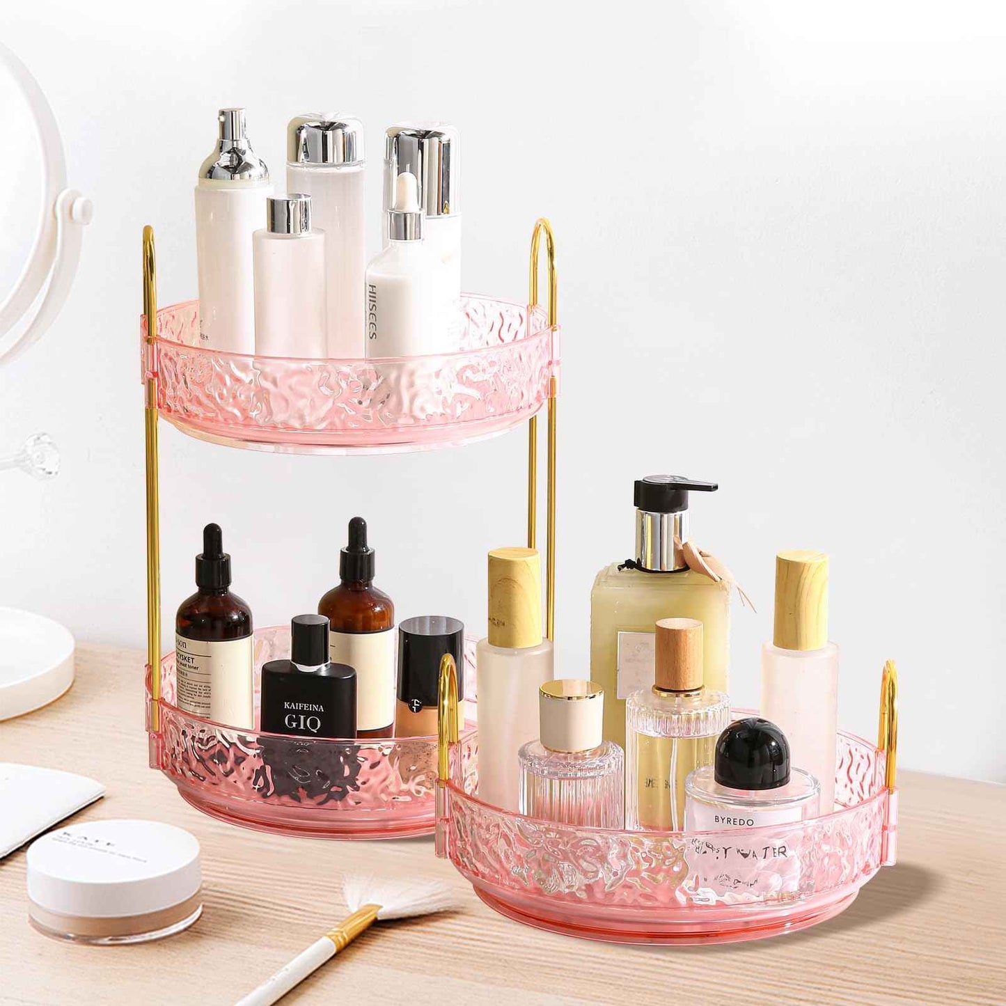 Fangoo 3 Tiers Pink Rotating Makeup Organizer for Vanity, 360 Spinning Skincare Organizers for Dresser Perfume Organizer Large Skincare Make Up Storage Cosmetic Organizer for Bathroom Countertop