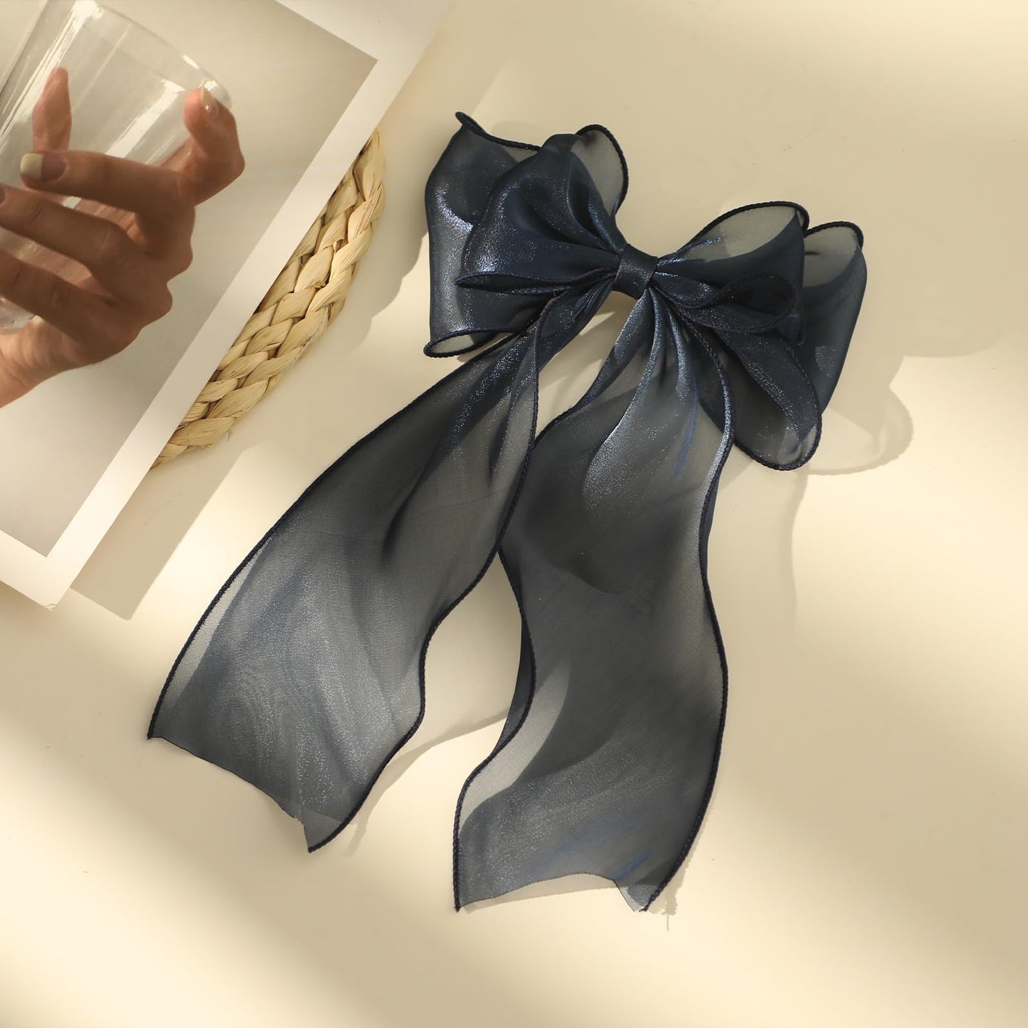 papasgix Silk Ribbon Hair Bows Clips: Big Solid Color Bows for Women and Girls (2, Navy Blue + Burgundy)