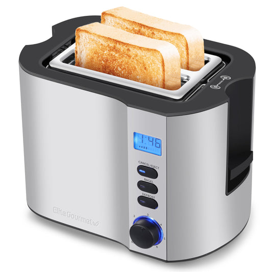 Elite Gourmet ECT2145 Extra Wide Slot 2-Slice Toaster, Bagel Function Reheat, Defrost, & Cancel Functions, 6 Toast Settings, Built-in Warming Rack, Countdown Timer, Stainless Steel