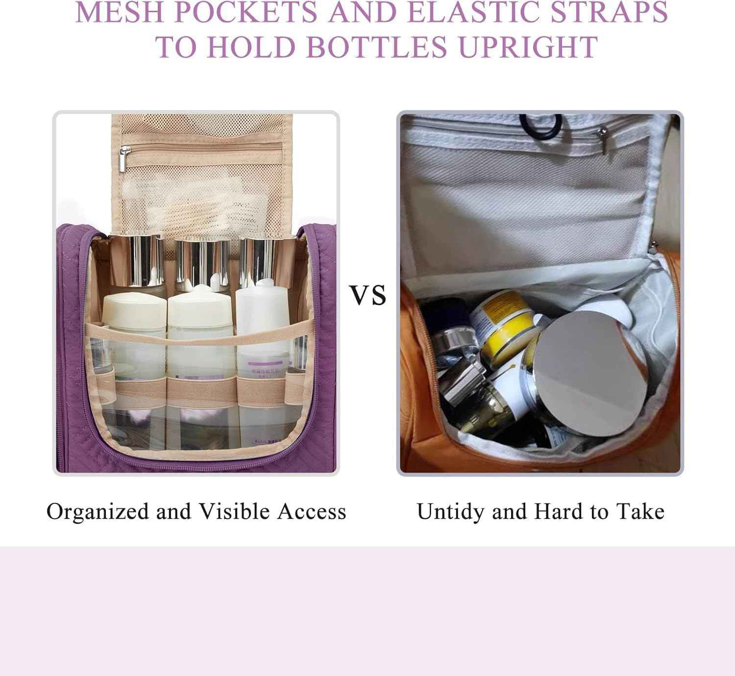 BAGSMART Atlas Travel Toiletry Bag for Women, Hanging Toiletry Bag with Hook, Travel Cosmetic Makeup Bag Travel Organizer for Accessories, Shampoo, Full Sized Container, Toiletries,Purple-Medium