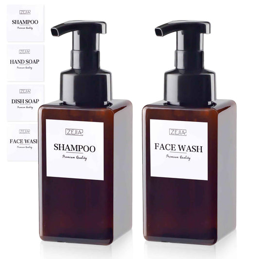 ZEJIA 15OZ Foaming Soap Dispenser, 2-Pack Plastic Hand Soap Dispenser, Refillable Leakproof Foam Pump Bottle with Waterproof Labels, for Shampoo, Body Wash