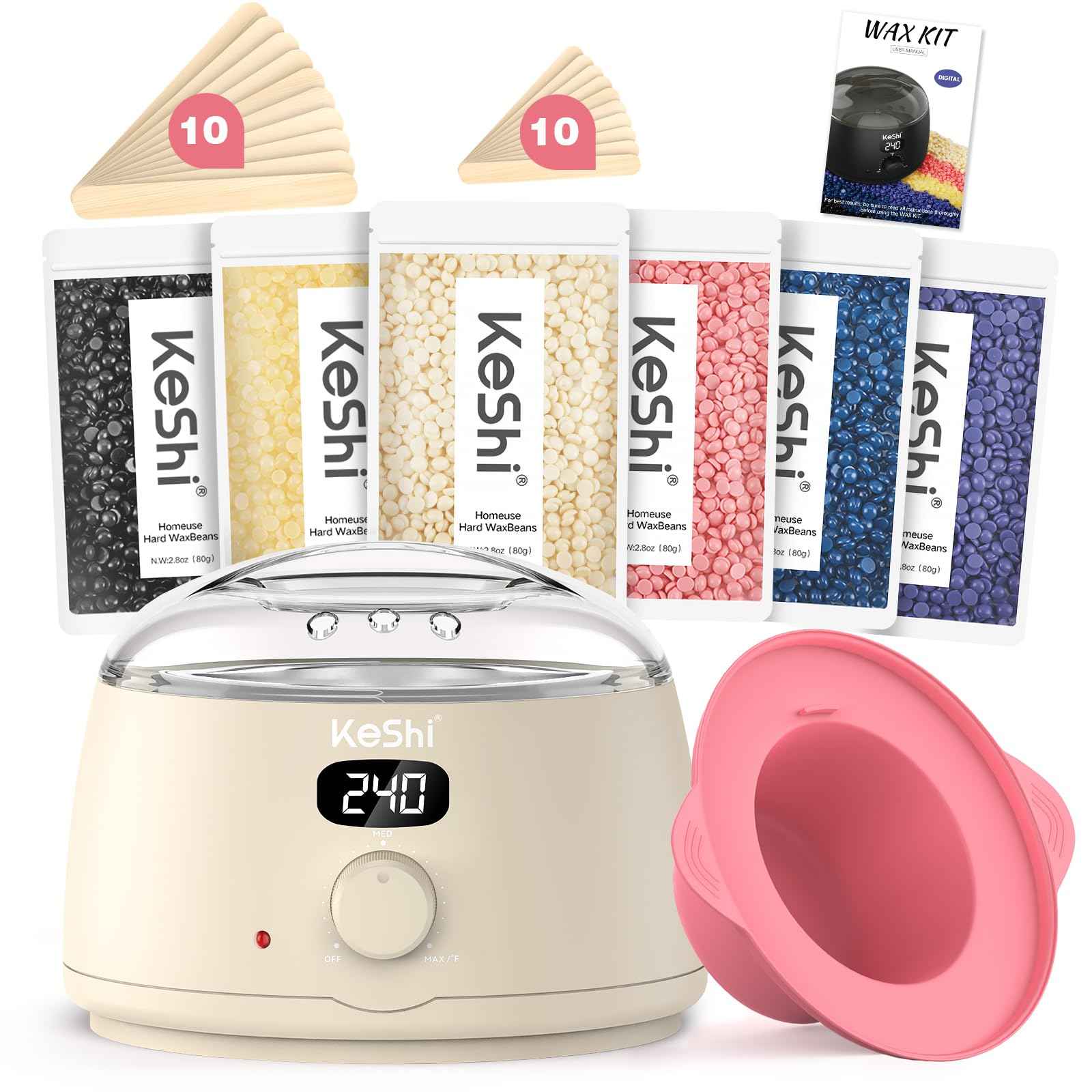 KeShi Waxing Kit for Women and Men, Digital Wax Warmer with 6 Bags Hard Wax Beads, at-Home Hair Removal Wax Kit for Full Body, Face, Eyebrow, Bikini, Legs, Brazilian & Sensitive Skin(Silky Cream)