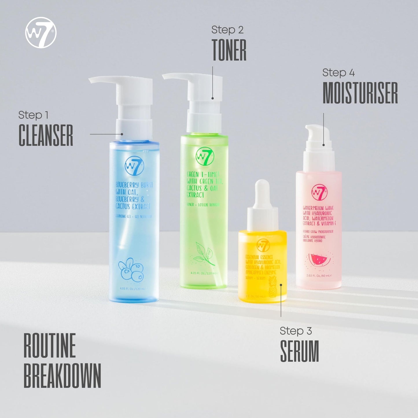 W7 Skin Refresh Essential Full Size Skin Care Set - 4 Step Daily Routine - Moisturizer, Cleansing Gel, Toner and Serum for Natural Beautiful Skin