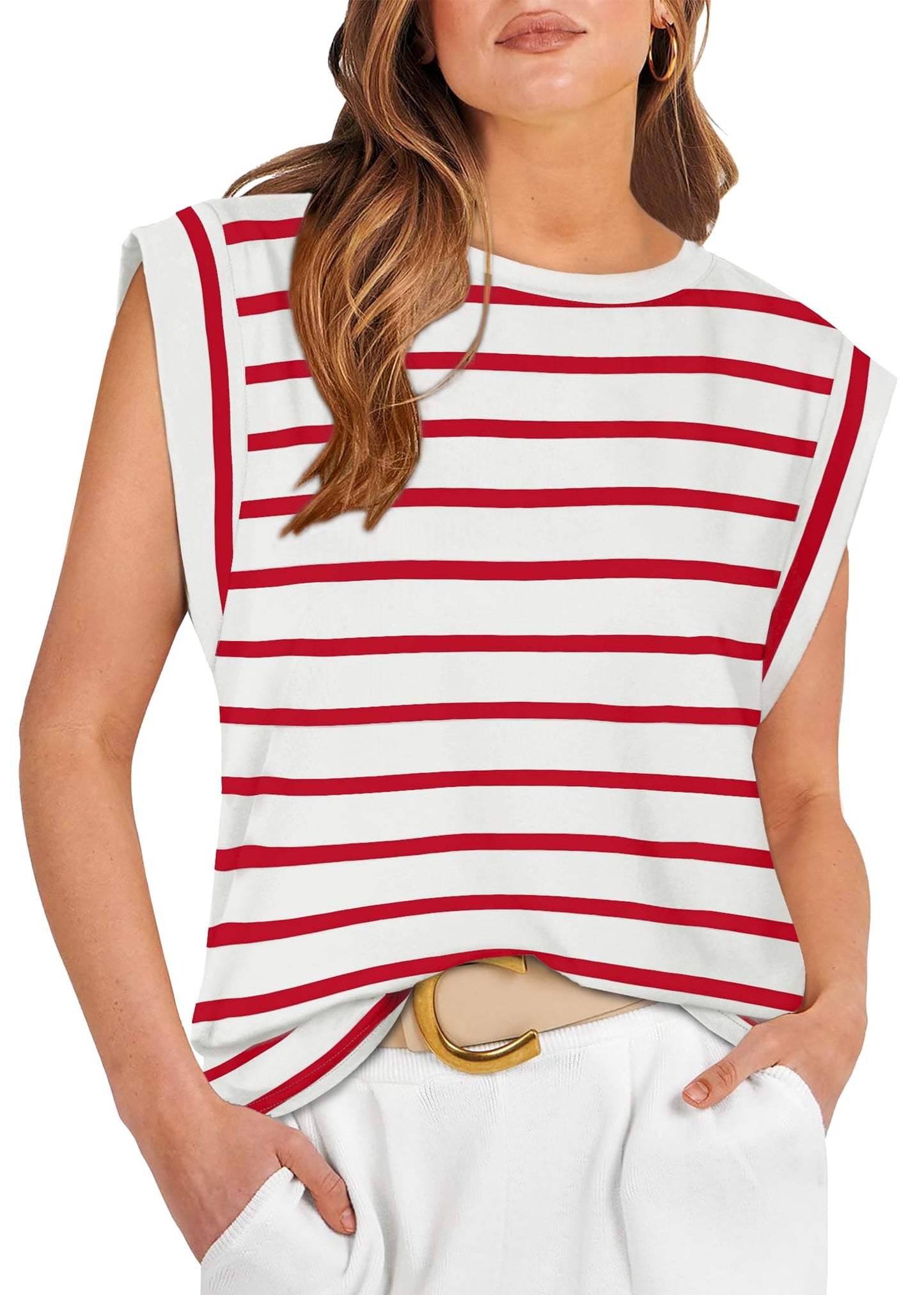 WIHOLL Tank Tops for Women Red and White Striped Shirt Basic Tee Soft Trendy Summer Outfits Fashion Clothes 2024 S