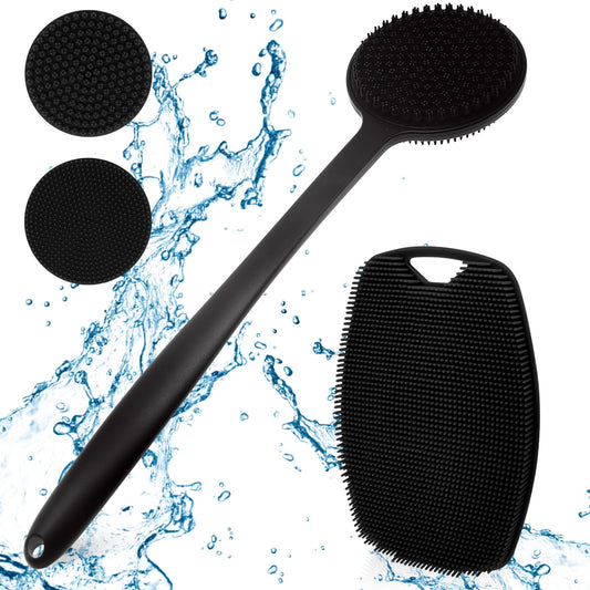 Lengthen Long Handle Silicone Back Scrubber with 2Pc Double Sided Replacement Brush Heads, Bath Body Brush for Shower Exfoliating and Massage Can Produce Rich Foam, Long Handle Back Scrubber for Men